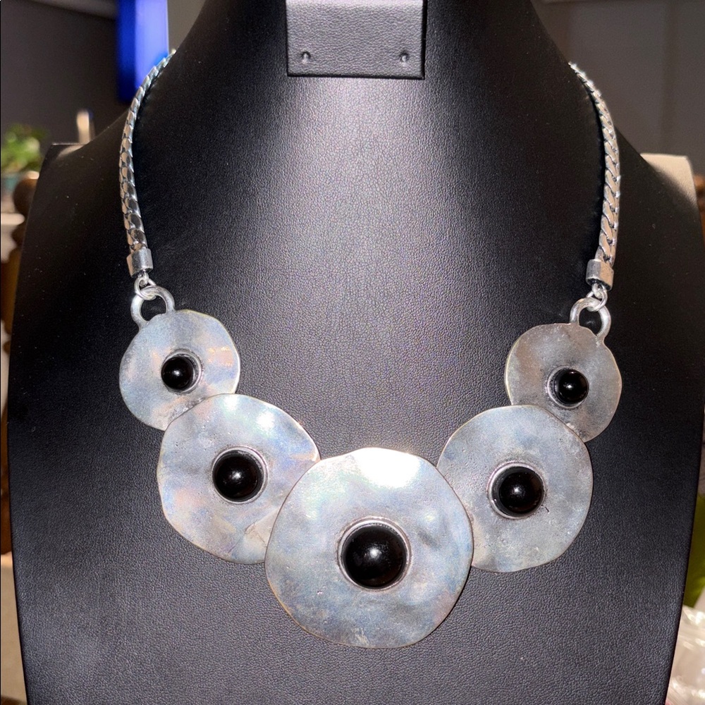 Vintage Silver and Black Hammered Metal Statement Necklace